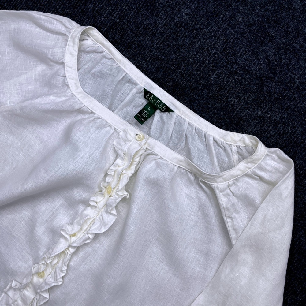 Lauren Ralph Lauren 1X White Linen Ruffle Blouse‎ Top Boho Coastal 100% Linen